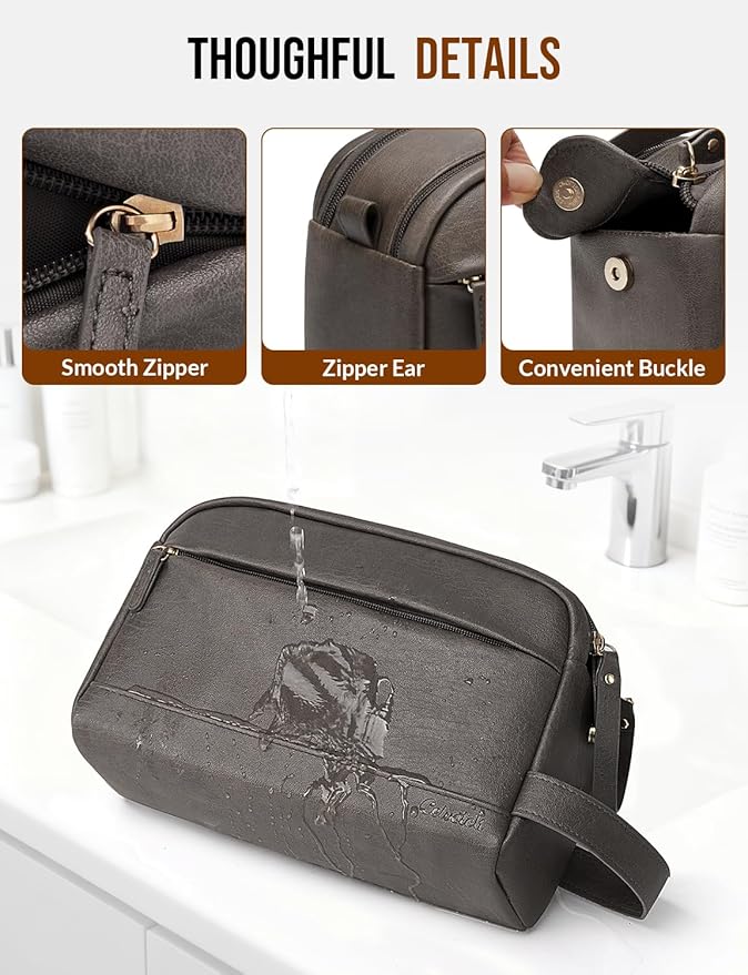 PU Leather Toiletry Bag for Men - Water Resistant Travel Bag for Toiletries, Bathroom Essentials, Accessories - Grey