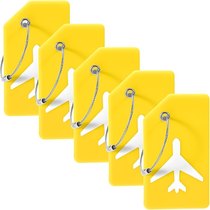 5 Pack Silicone Luggage Tag for Suitcases with Stainless Loop, TSA Approved, Privacy Protection Travel Essentials Bag Tags by Gostwo, Yellow