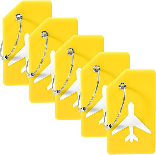 5 Pack Silicone Luggage Tag for Suitcases with Stainless Loop, TSA Approved, Privacy Protection Travel Essentials Bag Tags by Gostwo, Yellow