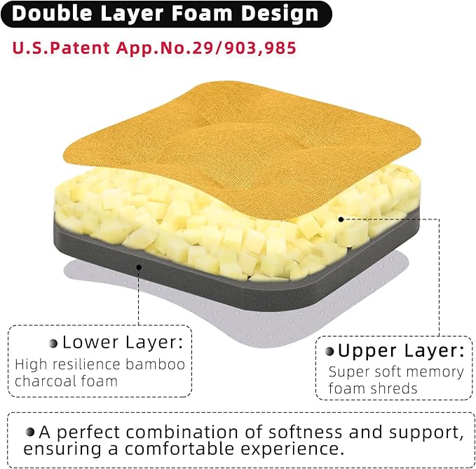 GOFORIT Memory Foam Cushion，Square Seat Cushions for Dining Chairs,Non-Slip Chair Pads with Removable Cover, 16'' x 16'', 2 Pack,Yellow