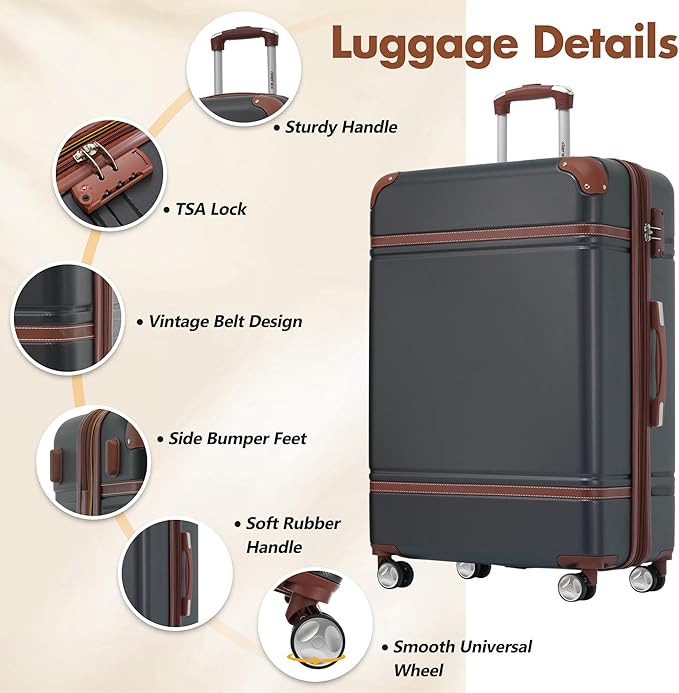 Merax 24 Inch Checked Luggage, Expandable Suitcase with Spinner Wheels, Hard Shell Vintage Luggage Set with TSA Lock(Black)