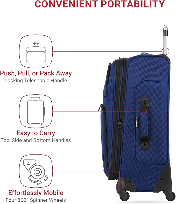 SWISSGEAR Sion Softside Expandable Spinner Luggage Durable Lightweight Travel Suitcase, Blue, Checked-Medium 25-Inch