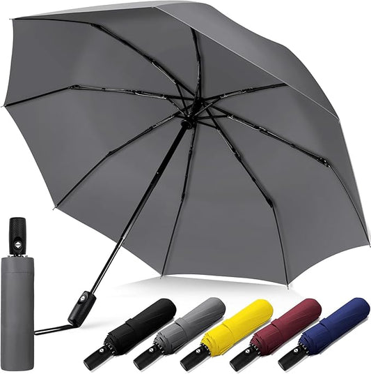 Windproof Travel Umbrella, Compact Umbrella, Car Umbrellas for Rain & Sun, 8 Fiberglass Ribs for Strong UV & Wind Resistance, Portable, Lightweight, Vent, Easy Automatic Open/Close