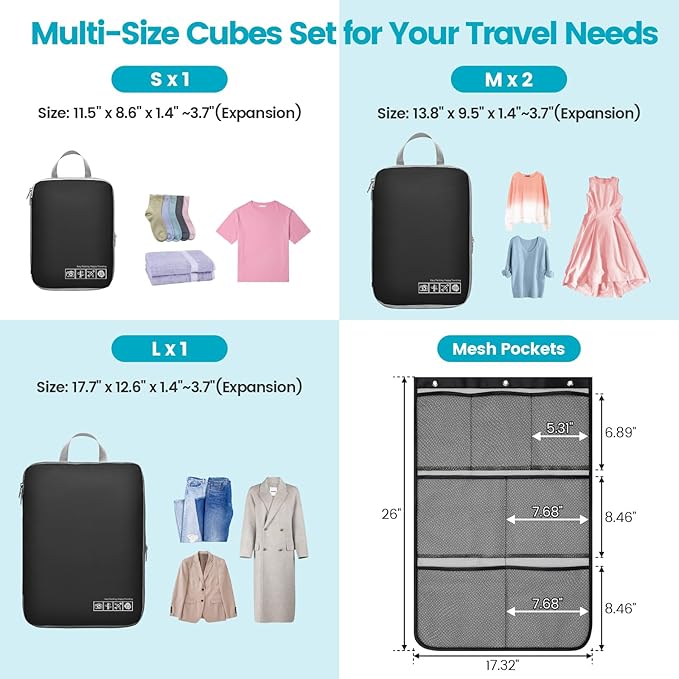 Cambond Compression Packing Cubes for Travel - Lightweight Expandable Travel Bags Luggage Organizers Travel Essentials Compression Cubes for Travel Space Saver for Carry on Suitcases Organizer