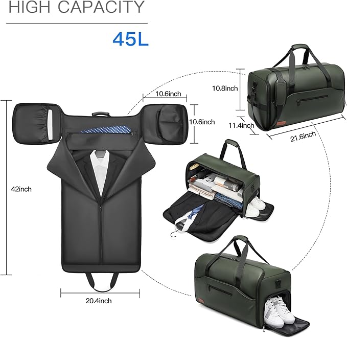 Garment Bags for Travel,45L Carry on Convertible Garment Duffle bag for Men Women - 3 in 1 Hanging Suit Travel Bag with Shoulder Strap