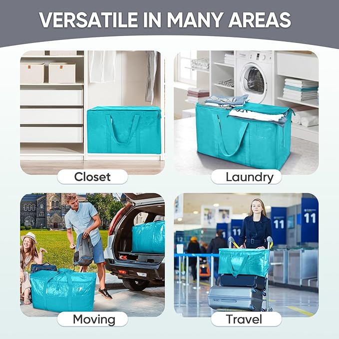 TICONN 4 Pack Extra Large Moving Bags Heavy Duty with Zippers & Carrying Handles, Durable Storage Bags Moving Boxes for Closet Organizers and Storage (4 Pack, Aqua)