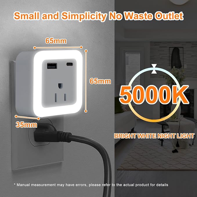 Night Lights Plug Into Wall 2 Pack Rechargeable Battery Backup Light | Dusk to Dawn Sensor Night Light with Outlet Expander for Adults Kids Bedroom, Kitchen, and Bathroom (2, cool white, 5000K)