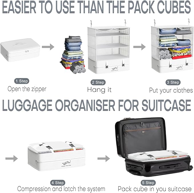Compressible Packing Cubes Portable Hanging Closet Shelves 17"x12"x24" Extendable Travel Organizer Nylon Packing Bags for Suitcase