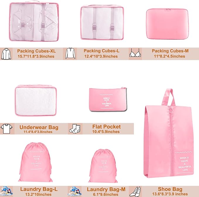8 Set Packing Cubes for Suitcase, Packing Cubes for Carry on Suitcases, Luggage Organizer for Travel Essentials, Large Mesh Luggage Bag for Suitcases