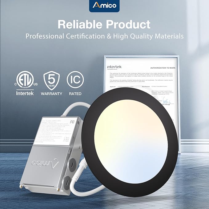 Amico 24 Pack 6 Inch LED Recessed Light with Junction Box, 5CCT, 1050LM | 12W, 2700K-5000K, 5%-100% Dimmable, 120V, Black, Metal Housing, Ultra-Thin Canless Wafer Downlight, ETL, FCC, IC & Damp Rated