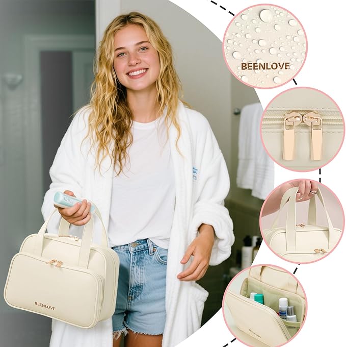 Travel Toiletry Bag, Water-resistant PU Leather Makeup Bag with Multiple Compartments, Large Capacity Makeup Organizer Bag with Handle for Accessories, Essentials, Toiletries, Beige