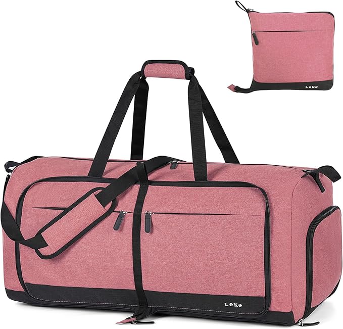 Lekesky Foldable Travel Duffle Bag for Women, Large Duffel Bag with Separate Shoes Compartments & Straps, Carry On Weekend Bag for Women, Hospital, Overnight (Red, 80L)