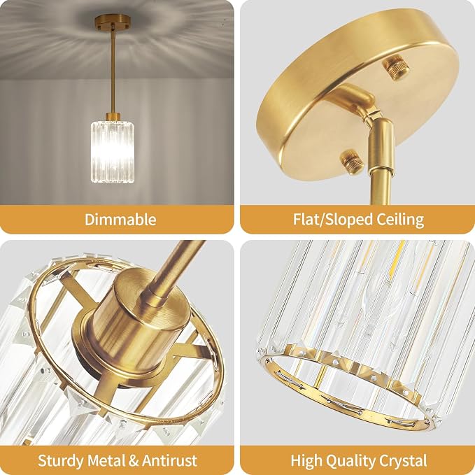 3 Pack Brushed Brass Pendant Lights Over Island Kitchen Light Fixture | Adjustable Height Hallway Ceiling Lights, Modern Crystal Hanging Pendant Lighting for Dining Room Bathroom Above Sink