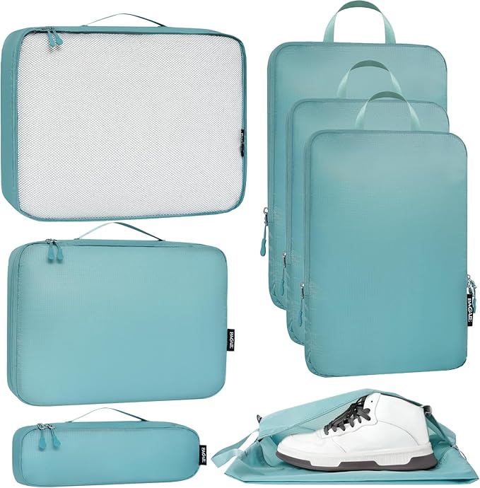 Bagail Ultralight Compression Cubes 7 Set - 3 Packing Cubes, 3 Organizers, and 1 Shoe Bag