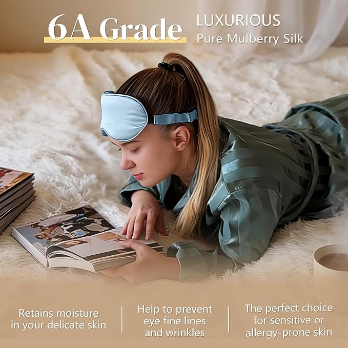 ZIMASILK Adjustable 22 Momme 100% Pure Mulberry Silk Sleep Mask, 3D Contoured Cup Eye Mask for Sleeping, Super Soft Breathable Blindfold, Perfect Blocks Light for Sleeping. (Sky Blue)