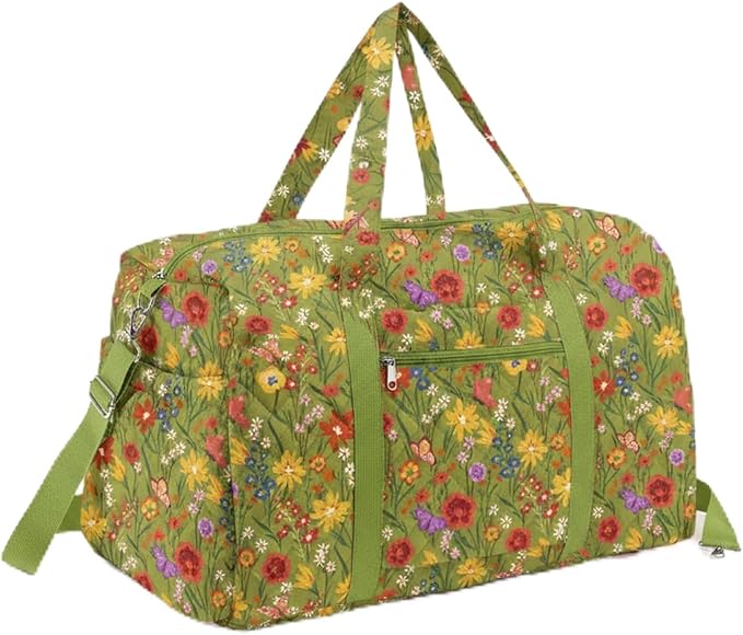 Large Quilted Travel Duffle Bag for Women Floral Portable Gym Weekender Bag with Zipper Pockets Workout Grocery Pouch Duffle Gift Pouch for Work(Yellow Green Grassland)