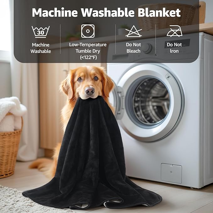 LOOBANI Waterproof Dog Blanket: Spill-Proof Puppy Blankets for Small Medium Dogs Washable, Reversible Soft Flannel Pet Throw for Dog Bed, Crate, Couch Sofa Cover, Travel, 30" x 40", Black & Beige