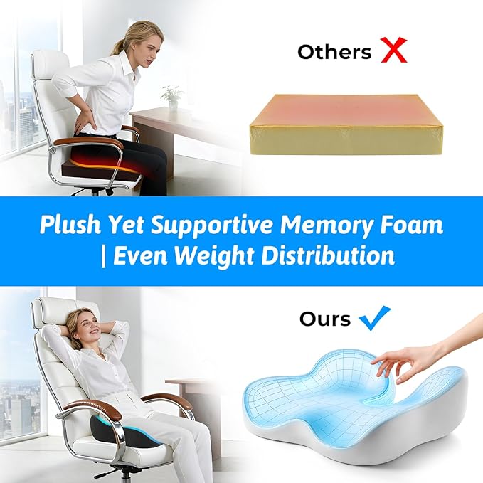 Seat Cushion for Tailbone & Sciatica Pain Relief - Plush Yet Supportive Ergonomic Memory Foam Chair Cushions for Office Chair, Car, Wheelchair,Airplane & Long Sitting (Gray)