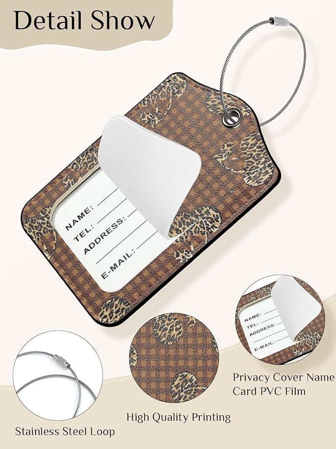Seorsok 2 PCS Luggage Travel Tags for Suitcases,Cute Brown Leopard PU Leather Name Tag with Privacy Cover&ID Label Address Card and Durable Metal Ring Suitable for Men Women Handbags Backpack,Cherry