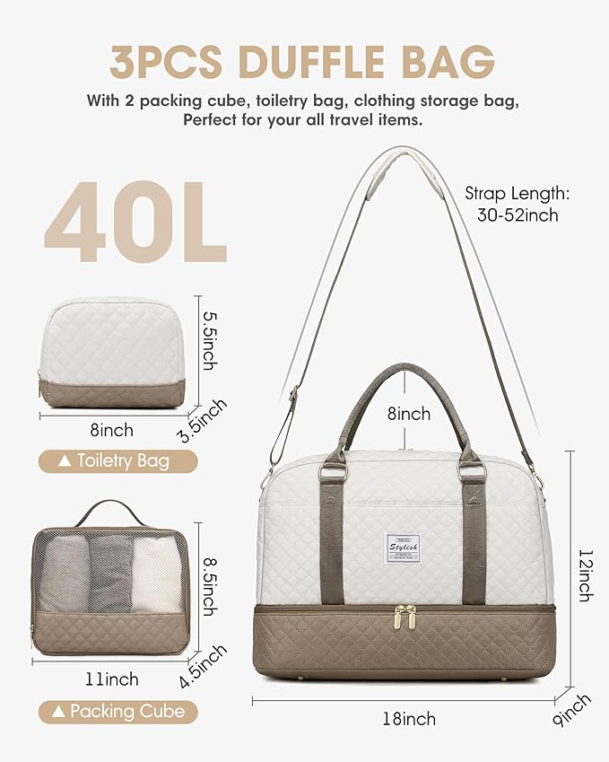 Weekender Travel Duffle Bag for Women: Overnight Bags with Shoe Compartment Carry on duffel Bag for Airplanes with 2 PCS Toiletry Bags Weekend Yoga Gym Hospital Bag with Wet Pocket Khaki