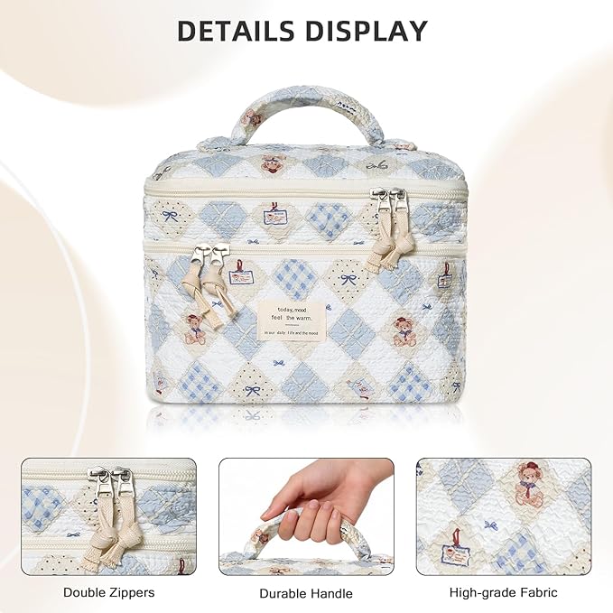 Makeup Bag, Portable Travel Make up Bag, Large Capacity Quilted Cosmetic Organizer Bag, Cute Floral Toiletry Bag for Women Girls (Bear Pattern)