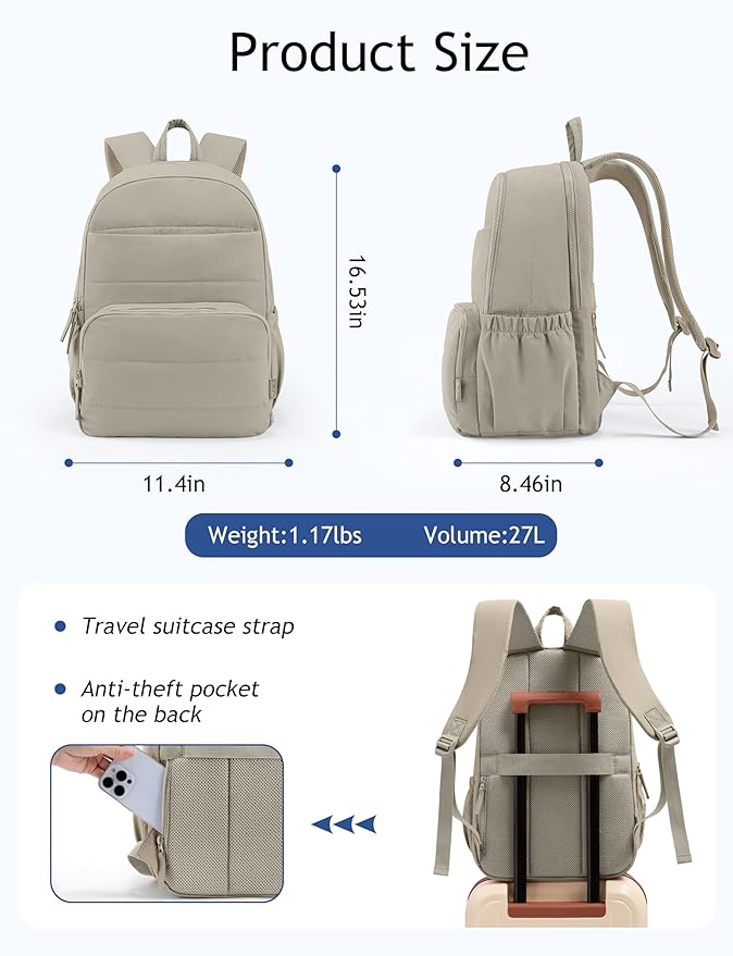 Travel Backpack for Women, 15.6 Inch Laptop Backpack, Quilted College Bookbag, Cute Work Backpacks, Water Resistant