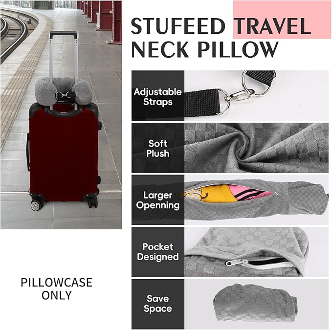 Stuffable Travel Pillow, Stuffable Neck Pillow for Travel, Neck Pillow Stuffed with Clothes Storage - No Extra Baggage Fees, Fits 5+ Days of Travel Essentials, No Filler (Grey-Checkerboard)