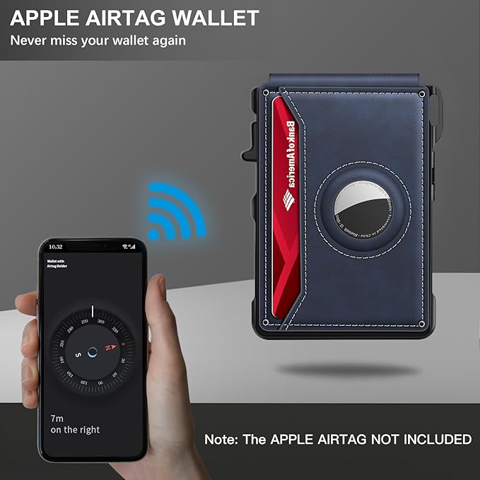 KIKVES Airtag Wallet for Men, Mens Smart Wallet for Air Tag RFID Blocking, Minimalist Bifold Pop Up Aluminum Credit Card Case Holder 12+ Cards with ID Window, Gift for Men, No Airtag Included, Navy