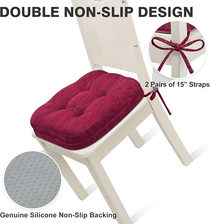 Shinnwa Kitchen Chair Cushions Set of 6, Dual-Layer Memory Foam Dining Chair Cushions, Patented Design Seat Pads with Ties, 16.5 x 16.5 x 3.5in, 6 Pack, Burgundy