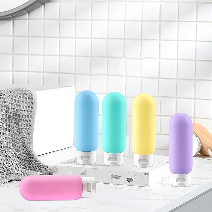 Cosywell Travel Bottles for Toiletries Travel Size Containers TSA Approved Toiletry Bottles Leak Proof Refillable Squeeze Bottle (D-3.4oz-colorful-round-5blank, Blue green yellow pink purple)