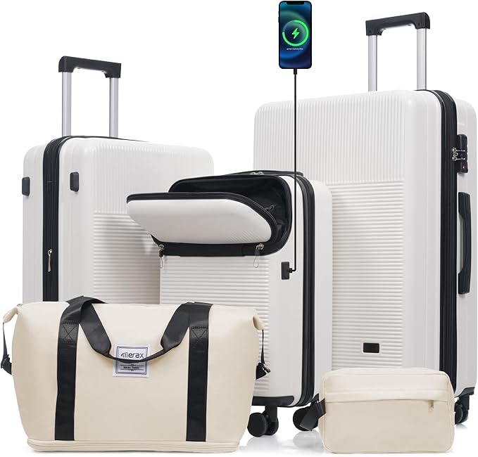 Merax Luggage Sets 5 Piece with Half-opening, Hardside 20" Carry On Suitcase Set with USB Port,Lightweight Travel 24" 28" Luggage with Bags TSA Locks Double Spinner Wheels,White