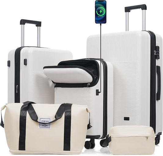 Merax Luggage Sets 5 Piece with Half-opening, Hardside 20" Carry On Suitcase Set with USB Port,Lightweight Travel 24" 28" Luggage with Bags TSA Locks Double Spinner Wheels,White