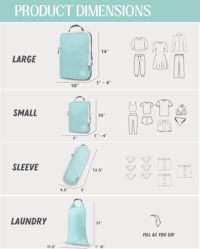 Compression Packing Cubes 6 Piece Set for Carryon Suitcases- Lightweight, Durable Clothes Organizer (Dusty Teal and White)