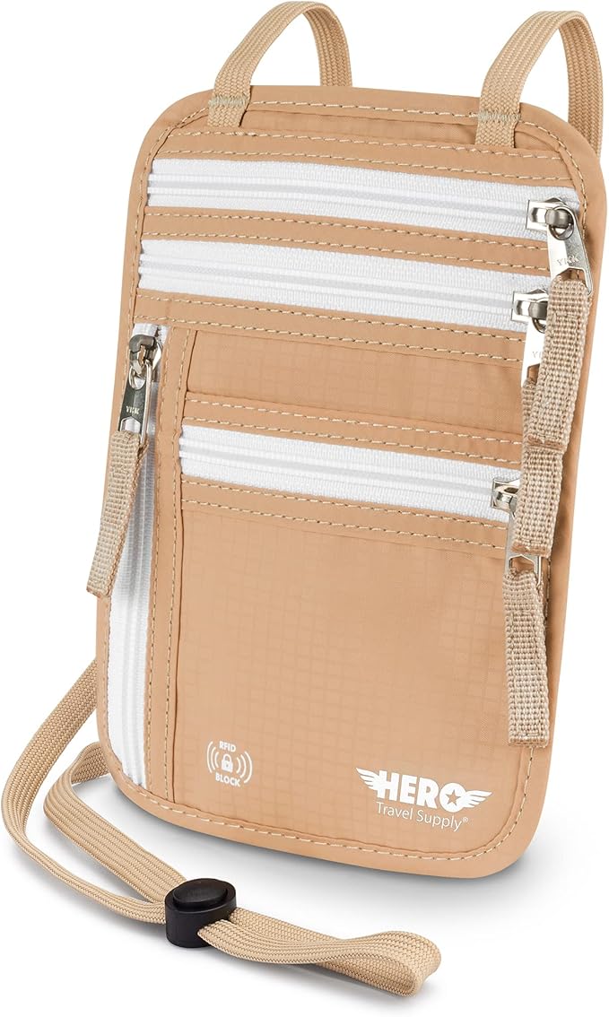 HERO Neck Wallet - RFID Blocking Passport Holder, Easy to Conceal Travel Puch (Beige)