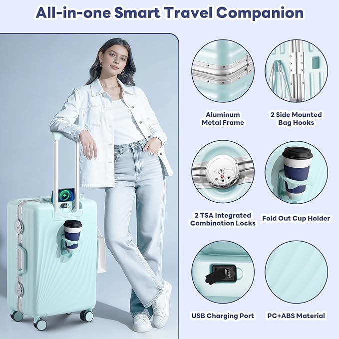20 Inch Carry On Luggage, Zipperless Luggage with Spinner Wheels, Airline Approved Suitcase with Cup Holder, TSA Lock and USB Charger for Travel, Mint Green