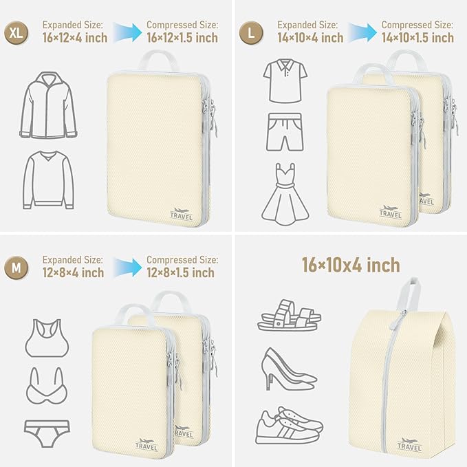 6 Set Compression Packing Cubes, Suitcase Organizer, Lightweight Travel Essentials, Compression Bags For Travel Accessories Luggage Storage Set (6Pcs, Beige)