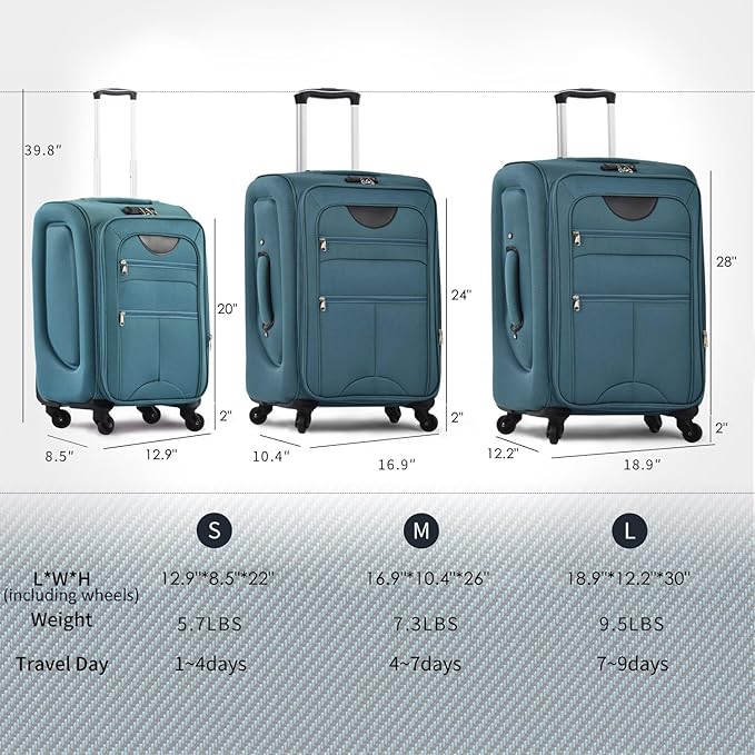 Softside Luggage Sets 3 Piece - 20" Carry-On, 24” & 28” Checked Luggage Set, Expandable Luggage Lightweight Suitcase with Spinner Wheels & TSA Lock for Family Extended Travel (Green)
