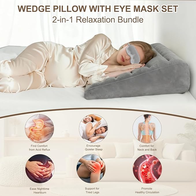 Inflatable Wedge Pillow for Sleeping - Inflatable Travel Pillow with Eye Mask for Head Shoulder,Back,Knee,Leg Elevation,Post-Surgery Support,Acid Reflux&Back Pain Relief,Snoring,Portable Wedge Cushion