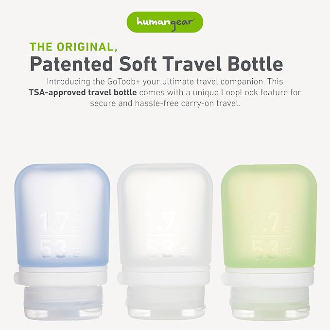 humangear GoToob+ Refillable Silicone Travel Size Bottles with Locking Cap for Women, Men, Toiletries, Beauty, Cosmetics, 3pk Set, Small (1.7oz), Clear/Green/Blue,HG3181