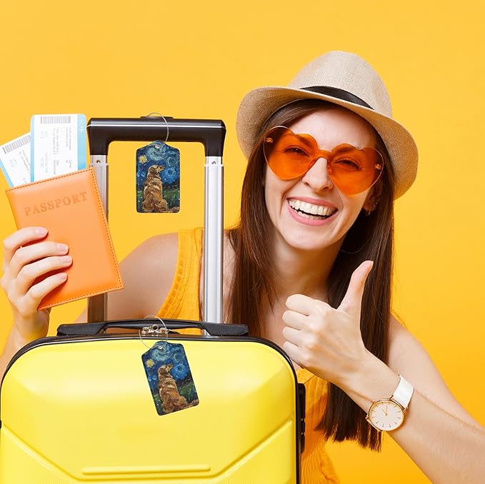 2 Pack Luggage Tags for suitcases Starry Night Dog TSA Approved Label Luggage Tag Baggage Tag Leather Stainless Steel Loop Label Tag for Men Women Travel Bag Suitcase