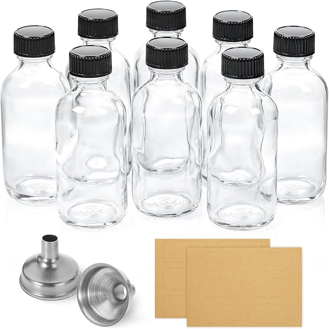 AOZITA 8 Pack, 2 oz Small Clear Glass Bottles w/Lid & 2 Funnels - 60ml Boston Shot Bottles for Health, Immunity, Potion, Wellness, Sample, Ginger, Juice - Mini Personal Care & Beauty Travel Bottle