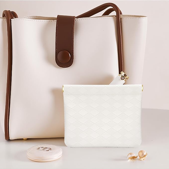 Leather Pocket Cosmetic Bag for Purse,Coin Purse Lipstick Cosmetic Accessories Organizer, Travel Kit Storage Pouch,Waterproof Portable No Zipper Self-closing (White/lozenge)
