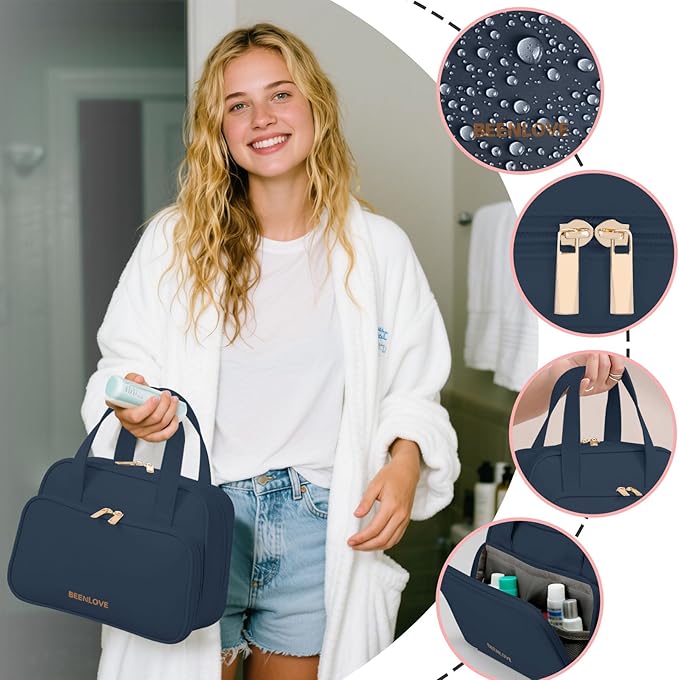 Travel Toiletry Bag, Water-resistant PU Leather Makeup Bag with Multiple Compartments, Large Capacity Makeup Organizer Bag with Handle for Accessories, Essentials, Toiletries, Navy Blue