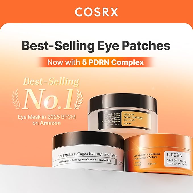 COSRX 5-PDRN Complex Collagen Gel Eye Patches for the look of Dark Circles and Uneven tone, Radiance Care for Tired Under-Eyes with Salmon DNA & Vitamin C, Korean Skincare, 60 Under Eye Patches