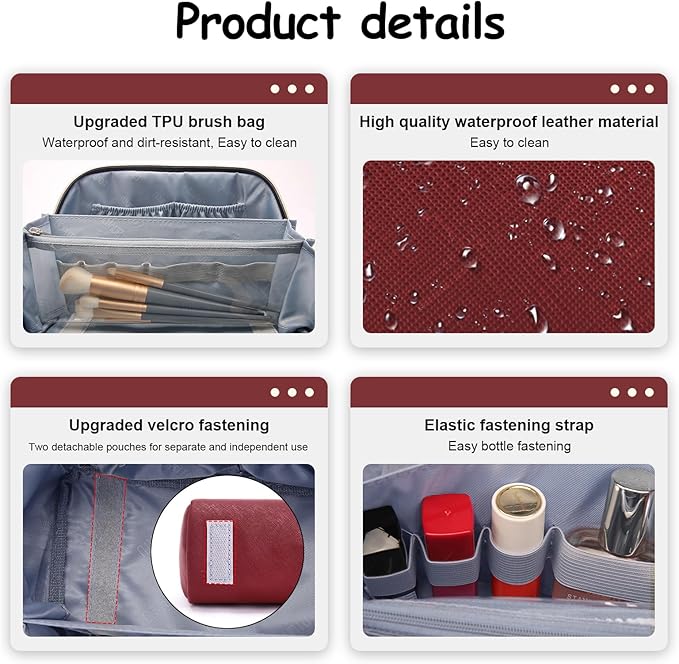 BOYATU Travel Makeup Bag Organizer Cosmetic Bag: 3 Pcs Set Make up Bags for Women with Handle - Waterproof Vegan Leather Toiletry Bags Travel Essentials Pouch with Compartments (A-04-Red)