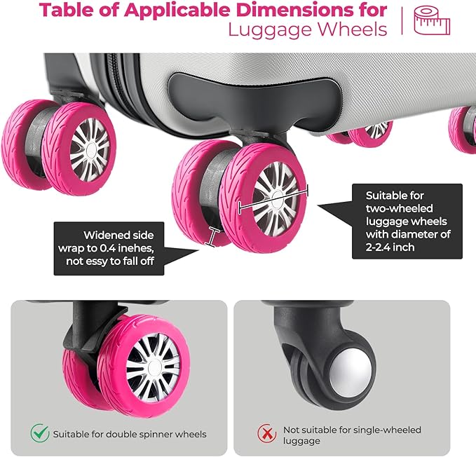 8 Pcs Upgrade Luggage Wheel Covers, Carry On Luggage Suitcases,Wear-Resistant, Anti-Noise, Silicone Wheel Protective Covers for 2-2.4" Spinner Wheel,Essential Travel Accessories (Hot pink)