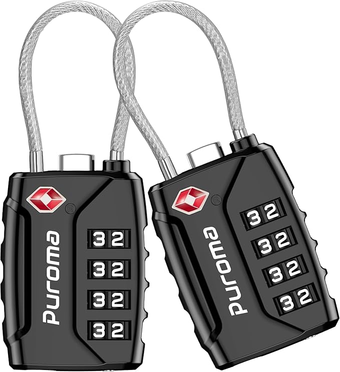 Puroma 2 Pack TSA Approved Luggage Locks, 4 Digit Combination Travel Cable Locks Resettable Code Lock with Zinc Alloy Body for Suitcase, Toolbox, Backpack, Bag, Gym Locker (Black)
