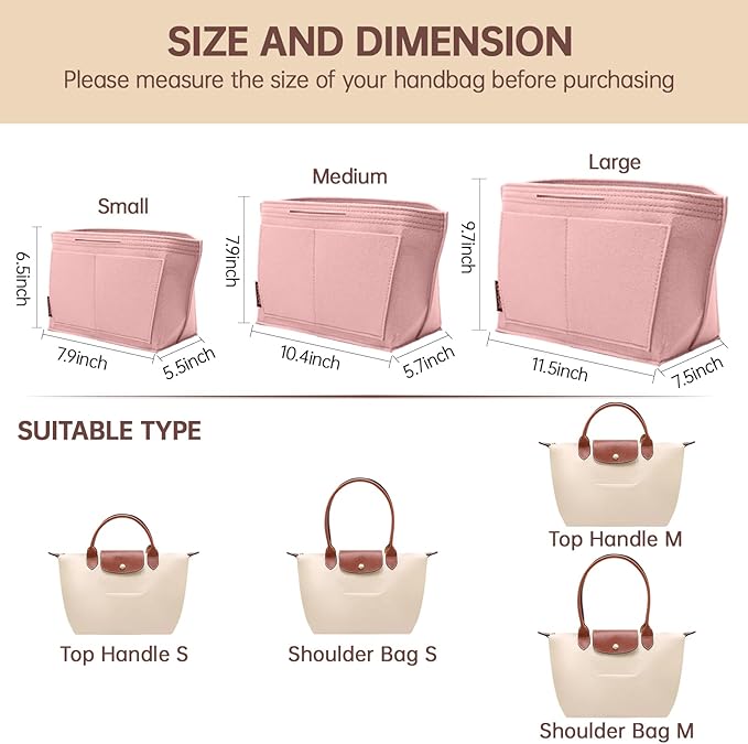 OPPOSHE Purse Organizer Insert for Longchamp Le Pliage, Premium Felt Long Champ Bag Handbag Women, Tote Organizer Insert with 9 Compartments (Medium, Pink)
