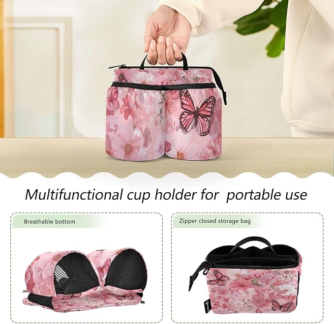 Hot Pink Butterflies Flowers Luggage Cup Holder Travel Portable Free Hand Drink Carrier Suitcase Drinks Beverage Holder Carry-On Bottle Mug Holder Organizer Bag Travelers Accessories
