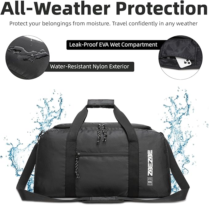 Foldable Travel Duffel Bag, Lightweight & Easy to Carry Water-Repellent Duffle Bag - 2-Way Zipper & Interior Pouch, Ideal for Weekend Trips, Daily Use,Camping，Sports
